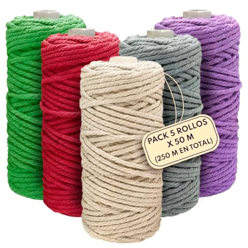 Hilo Macrame 3mm Pack 5 Rollos – Cuerda Macrame 3mm para Manualidades y Decoración, Tejidos, Tapices y Artesanía – Hilo Crochet Resistente para Proyectos Creativos de Macramé