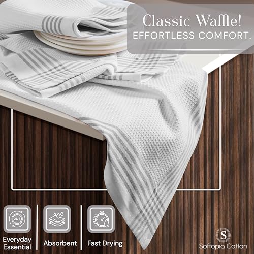 Image of Waffle White & Grey Kitchen Towels 12 Pack, 100% Cotton, 16x26 inches, Quick Drying Dish Cloths, Absorbent Bar Mop Towels, Durable Kitchen Dishcloths Set for Daily Use