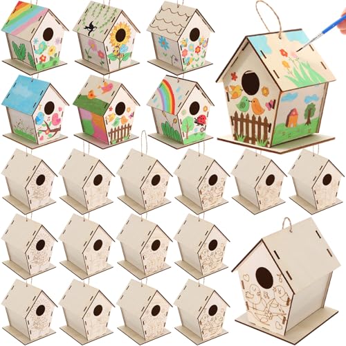DoubleFill 24 Pack Wooden Bird House Bulk for Kids Birdhouse Kit, Wood Houses for DIY Unfinished Hanging Birdhouse Kits, Wooden Craft Houses to Paint Family Crafts Give Kids to Design