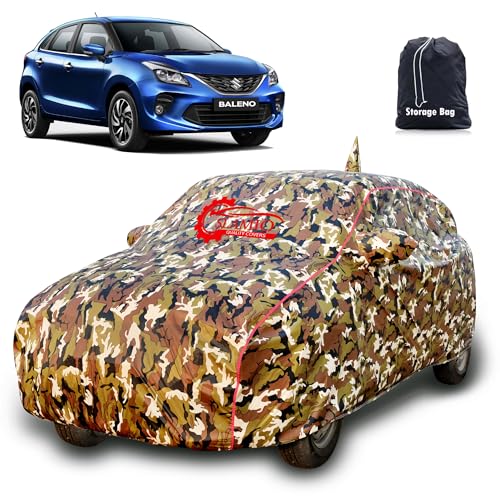 Image of baleno car Cover Waterproof 2015-2026 Models with Mirror Pocket, Soft Cotton Lining, Triple Stitched, Full Bottom Elastic (Heat Resistant Jungle Print with Red Piping)
