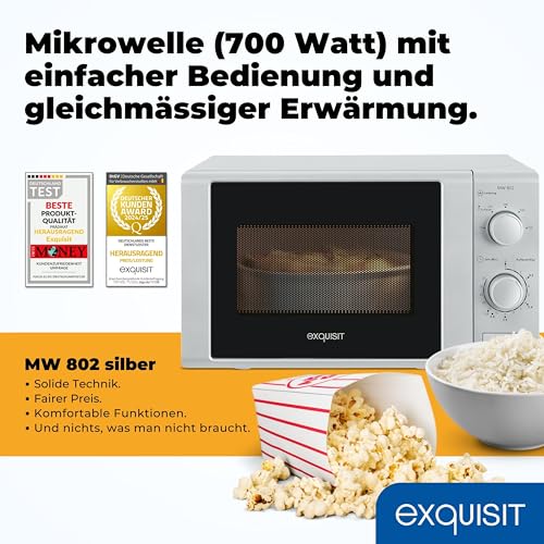 Exquisit Mikrowelle 20L, 700 Watt, Einfache Bedienung, 25,5cm Drehteller, 5 Leistungsstufen, Timer, Auftaufunktion, 2 Drehregler, MW 802 silber – Bild 3