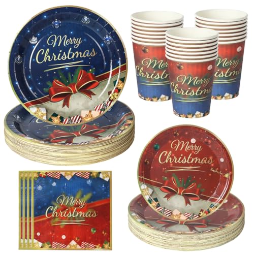 PYAILI 64 Piezas de Vajilla Navideña para 16 Personas - Incluye Platos, Vasos y Servilletas de Papel