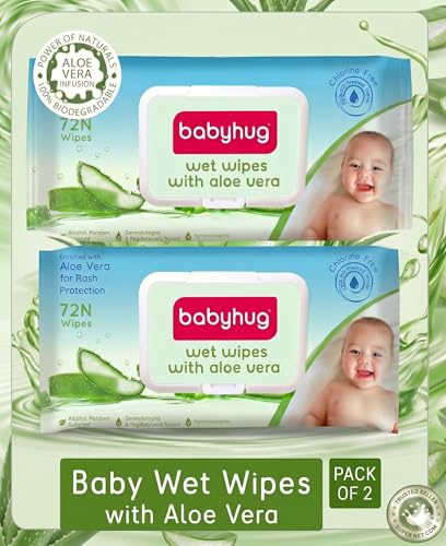 Image of BABYHUG Wet Wipes with Aloe Vera | 98% Water Based | pH Balanced | Paraben & Alcohol Free (Pack Of 2)(Count 144 Wipes)