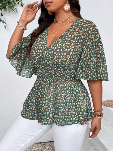 SOLY HUX Women's Plus Size V Neck Blouses Floral Print Flowy Peplum Tops Summer Ruffle Chiffon Shirts4