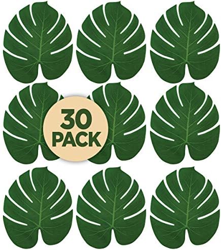 Prextex 30 Artificial Palm Leaves for Party Table Decoration, Imitation Tropical Leaf Placemats Table Runners or Greenery Décor for Events, Beach Theme or Jungle Party Supply (Large, 13.8 x 11.4 Inch)