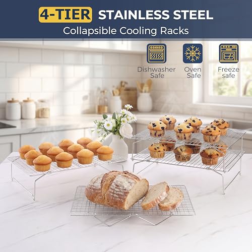 E-far Cooling Rack for Cooking and Baking-4-Tier, 15”x10” Collapsible & Stackable Tight-Wire Stainless Steel Cookie Rack for Baking Sheet, Oven, Roasting, Dishwasher Safe & Space Saving by E-far - Image 7