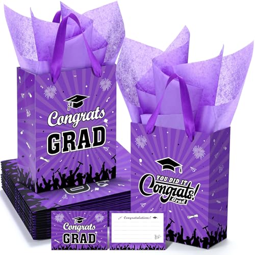 KPOSIYA Graduation Gift Bags 12-Pack with Tissue Paper & Cards, Class of 2026 Grad Gift Bag, Congratulations Party Favor Bags with Handles for High School, College, 8th Grade and More(Purple，Black)