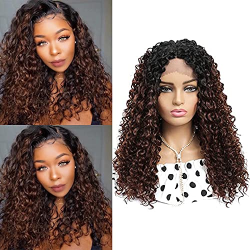 Long Curly Lace Front Wigs for Women Ombre Brown Middle Part Curly Wavy Wigs Synthetic Wigs Heat Resistant Half Hand Tied Hairline