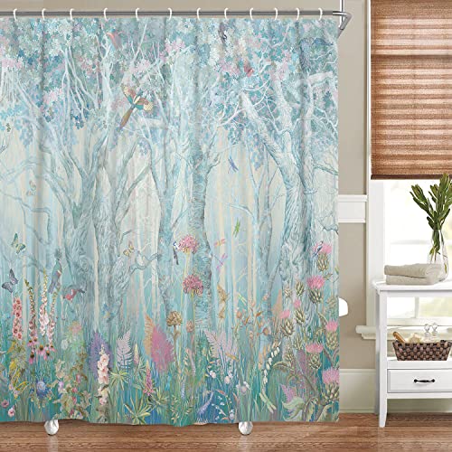 Dynh Deer Shower Curtain Safari Decor, Elk In Fanstry Forest With Flowers Birds Butterflies Dragonflies Fabric Curtains For Bathroom, 69X70 In Bath Drapes Accessories With Hooks (69X70) #TOP2