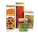 5 Square Glass Kitchen Canisters with Airtight Bamboo Lid + Marker & Labels, Glass Storage Jars for...