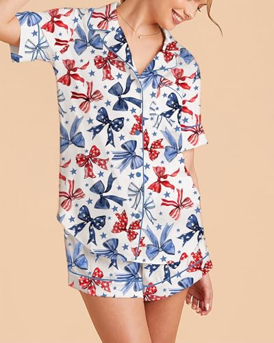 Image of Women Easter Pajamas Set Cute Bunny Button Down Shirt and Shorts 2 Piece Pj Set Y2K Easter Outfits