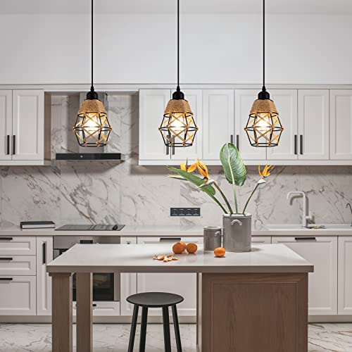 Industrial Pendant Light,Farmhouse Hemp Rope Ceiling Light,Rustic Woven Adjustable Hanging Flush Mount Ceiling Swag Lamp, Black Metal Cage Shade,E26 Base for Kitchen Island, Living Room, Bar,2-Pack - Image 9