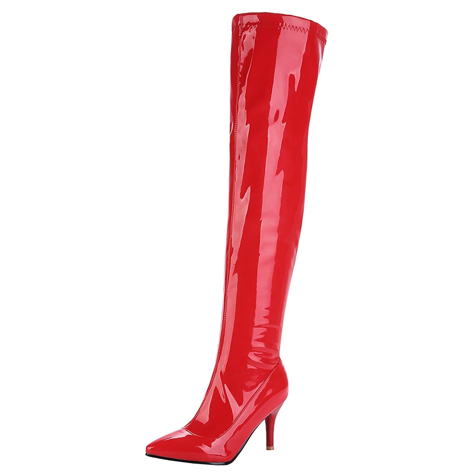 Damen Lack Overknee Stiefel mit Stiletto Absatz und Reißverschluss High Heels Lang Stiefel