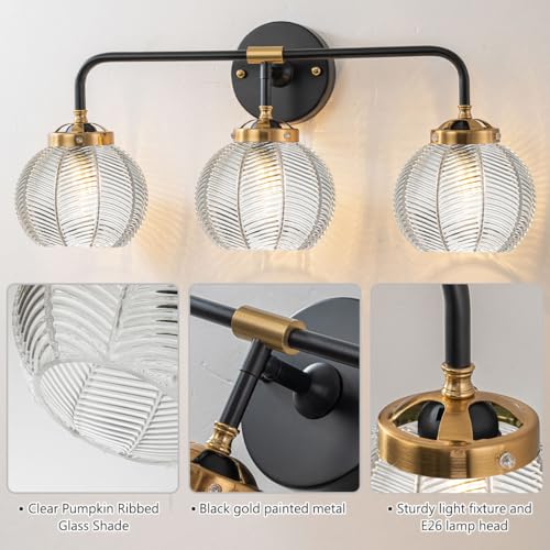 Image of Bathroom Vanity Light Fixture 3 Light Glass Globe Wall Sconce Lights | Black Wall Mount Light Fixtures with 5.9in Clear Glass Shade, Mid Century Modern Wall Sconce for Over Mirror Bedroom Hallway