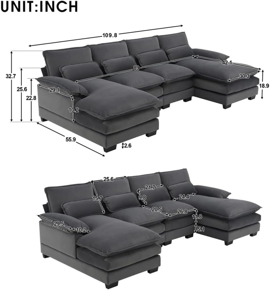 109.8 * 55.9" U-Shaped Sectional Sofa with Waist Pillows,Comfortable 6-seat Upholstered Symmetrical, Sleeper Couch