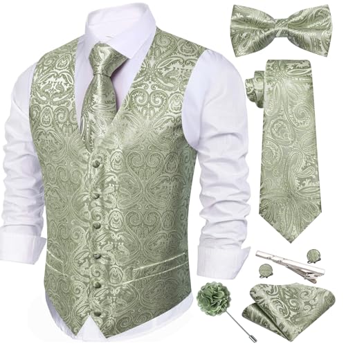 Image of Barry.Wang Men's Suit Vest Tie Bowtie Set Formal Silk Paisley Waistcoat Hanky Cufflinks Lapel Pin Set Wedding Party 7PCS