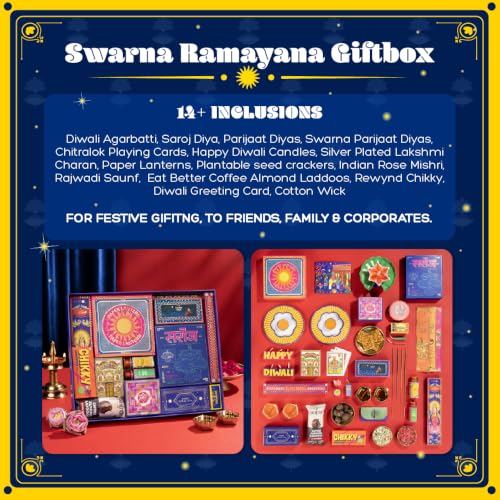Image of Phool 17 Item Swarna Ramayana Frame Diwali Gift Box | Premium Festive Gift Hamper with Silver Lakshmi Charan Ceramic Diyas, Candle Lanterns, Sweets, & Diwali Essentials Hamper for corporate and festive gifting