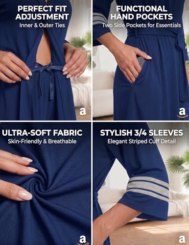 Image of Ekouaer Womens Robe Lightweight 3 /4 Sleeve Bathrobe Soft Short Knit Sleepwear with Pockets