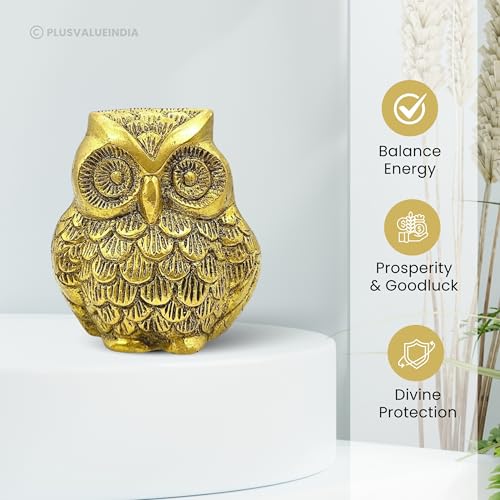 Image of Plus Value Brass Owl Statue for Good Luck Feng Shui Vastu Idol Symbol of Wisdom Protection for Home & Office Work Desk Decor Metal Owl Sculpture Showpiece (2.5 Inches, Gold)