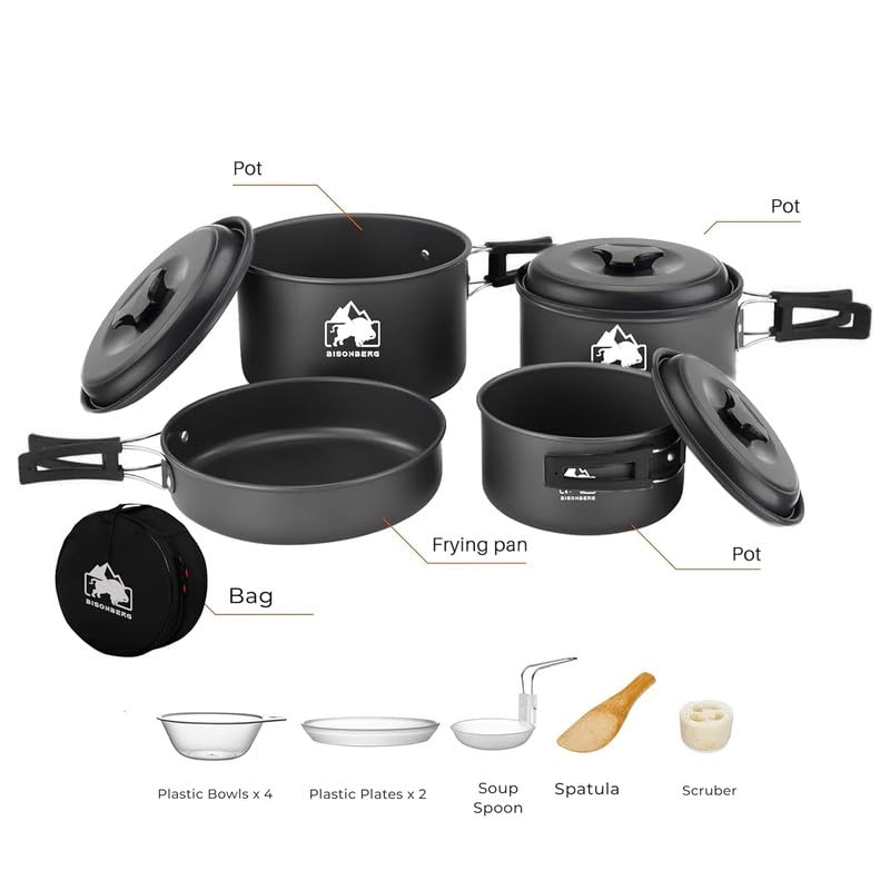 Image of BISONBERG 12 Pcs Camping Cookware Set, Mess Kit, Camping Accessories for Outdoor, Camping Utensils with Carry Bag, Camping Bowl Pot Pan Set - Nonstick Aluminum - for 4-5 People Without Kettle