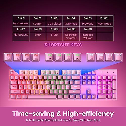 Image of RisoPhy Mechanical Gaming Keyboard, RGB 104 Keys Ultra-Slim Backlit USB Wired Keyboard with Blue Switch, Durable ABS Keycap /Anti-Ghosting /Spill-Resistant Mechanical Keyboards for PC Mac Xbox Game,Pink