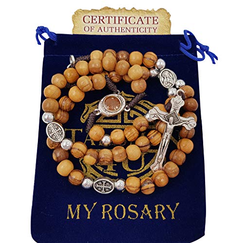 TALISMAN4U Olive Wood Rosary Beads Catholic Necklace With Jerusalem Holy Soil & Certificate In Blue Velvet Rosary Pouch3