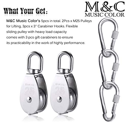2Pcs M25 Single Pulley Block With 3Pcs Spring Snap Hook Carabiner, Heavy Duty 304 Stainless Steel Pulley Roller & 3'' Spring Snap Hooks, Pully Crane Swivel Hook Wire Rope Cable Loading 331Lbs/150 Kg #TOP6