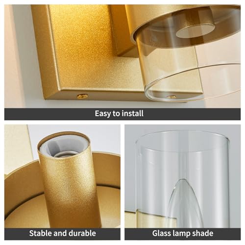 Image of WUZUPS Set of 2 1-Light Bathroom Wall Light Fixture Over Mirror Flat Class Shade Morden Vanity Scones for Bathroom Bedroom Living Room, E12 Base, Gold