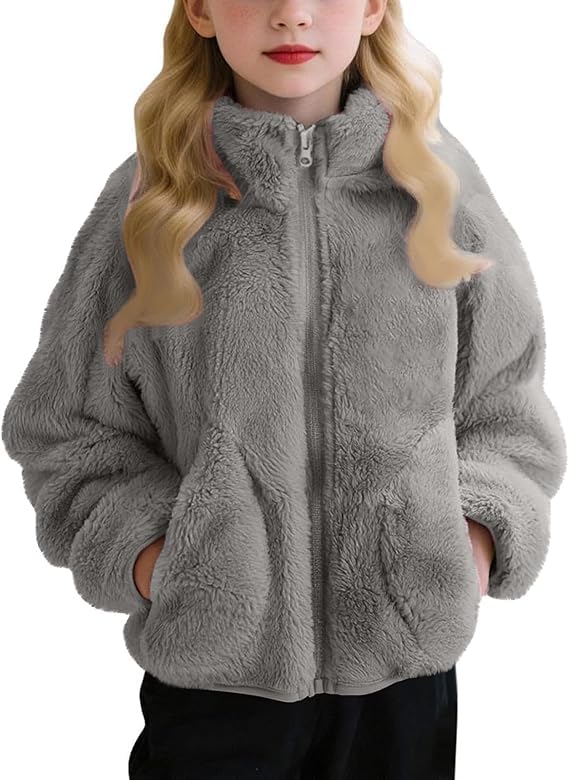 SUYUKU Abrigos de invierno para niñas, ropa de abrigo de felpa de piel sintética cálida para niños, color sólido, cuello alto, chaqueta de invierno para niños, abrigo de sherpa, gris, 7-8 años