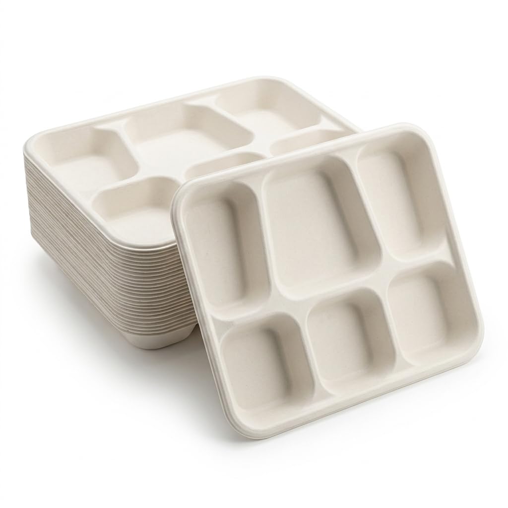 6 Compartment Paper Plates Meal Trays 300 Pack Bagasse Compostable