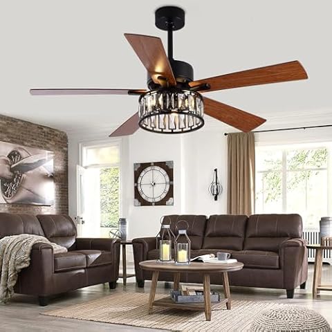 Morpholife Farmhouse Caged Ceiling Fan with Light Remote Control, 52" Rustic Crystal Chandelier Fan, Black Industrial Quiet Motor Ceiling Fan with 5 Wood Reversible Blades for Living Room, Bedroom Cover