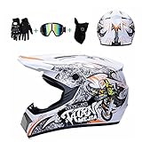 Casco Motocross Niño, Casco de Cross con Gafas Máscara Guantes,Casco Moto Cross Forro Extraíble (S (55-56cm))