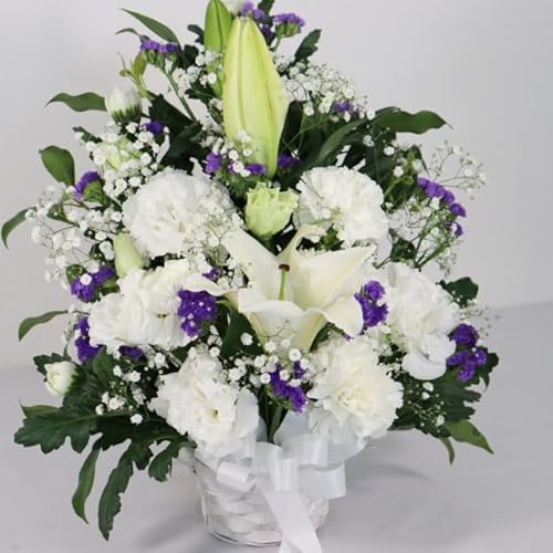 お供えのお花 冷蔵便 フラワーアレンジメント 生花 ゆり付き 仏壇 お供え お悔み 法要 四十九日 (お任せ, 高さ40cm前後)