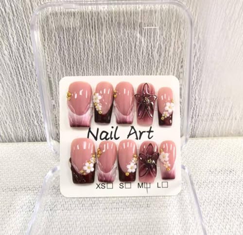 Handmade Press on Nails Medium Square Fake Nails Red French Tip with 3D Flower Designs luxury Pearl Charm Glossy Cute Acrylic Nails for Women 10pcs (Size M)