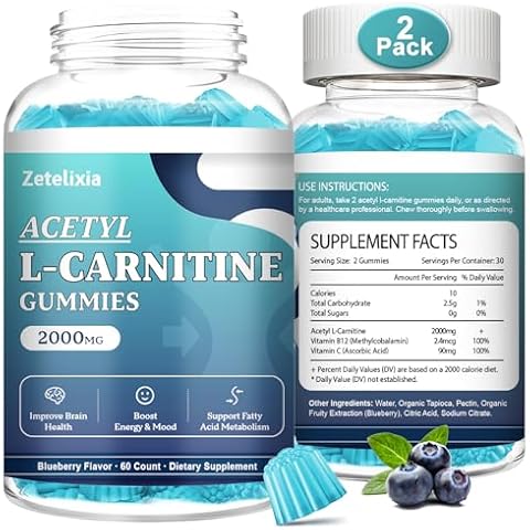 Zetelixia 2 Pack Acetyl L-Carnitine Gummies 2000mg, L-Carnitine Supplement with Vitamin C & B12, ALCAR for Energy, Brain & Mood Support, Fatty Acid Metabolism, Vegan, Non-GMO, Sugar Free, 120 Count Cover