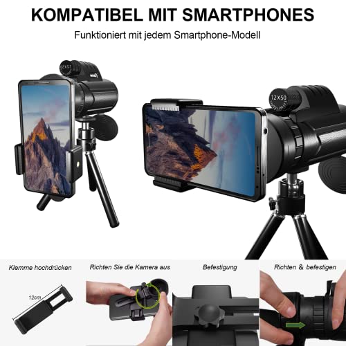 Fernglas Monokular 12×50,EEASTSTORM Fernrohr Erwachsene für Smartphone,Monokular Teleskop mit Phone-Halter und Stativ… – Bild 6