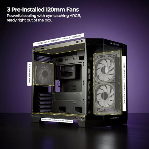 Image of Zebronics Cube Gaming PC Cabinet, mATX /ITX Support, 360mm Radiator Support, Mention 3 x 120mm ARGB Fans, 2 x Reverse Blade, Panoramic 3 Piece Temper Glass, Dual Chamber, Bottom Mount PSU (Mercury 25)