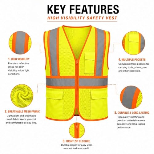 Image of VRITRAZ Unisex High Visibility Reflective Safety Vest | Multi-Pocket Safety Workwear Jacket for Construction Workers, Engineers, Security Guards, Factory & Road Safety Use