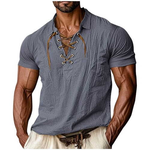 Mens Vintage Short Sleeve Pirate Henley Shirts Cotton Linen Lace Up V Neck Shirts Hippie Beach Summer Tops