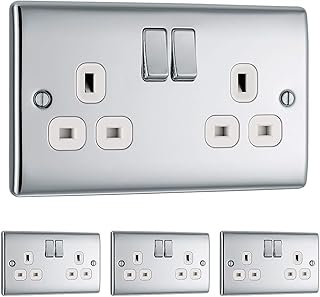 BG Electrical NPC22W Double Switched Power Socket with White Inserts, Polished Chrome, 13 Amp (Pack of 4)