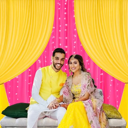 Image of Party Propz Yellow and Pink Backdrop Decoration with Curtain Light, Haldi Backdrop Decorations Set, Haldi Decoration Items for Home Decor, Pooja Background Decorations Items(Satin)(6Pc)