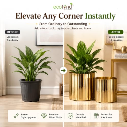 Image of ecofynd 2 Pack Metal Plant Pots (6 inch, 7.5 inch L), Indoor Small Planter Flower Pots, Home Garden Decor Planter for Living Room Bedroom Interior (Gold Finish, POT048)