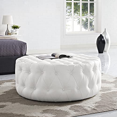 Modway Amour Faux Leather Button-Tufted Round Ottoman In White #TOP2