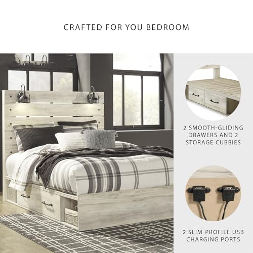 Image of Signature Design by Ashley Cambeck Queen Storage Bed Frame, Platform Bed with Drawers and No Box Spring Needed, Engineered Wood and Decorative Laminate for Master Bedrooms, Whitewash