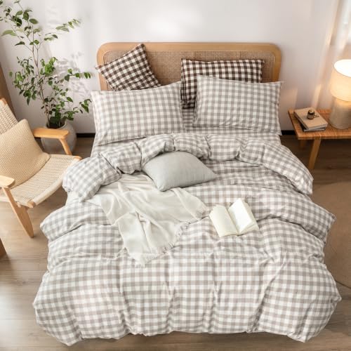 Image of BESTOUCH Gingham Cotton Duvet Cover Set Linen Grey Queen | Washed Cotton, Linen Feel, Soft Wrinkle Texture, Hidden Zipper, 8 Ties, Breathable Lightweight Durable Comfy, 3 Pcs No Insert