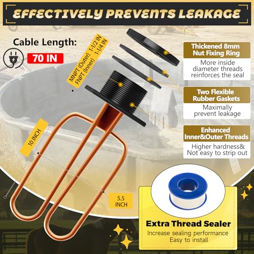 Image of DPH-15 Outdoor Water Tank Heaters Fit for rubbermaid Tanks, 1500W Farm De-icer, Thermostatically Controlled, Livestock Stock Tank Drain Plug Five Year Warranty