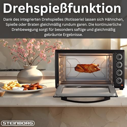 Steinborg® Mini Backofen 60 Liter mit Umluft & Drehspieß, 2000W Tischbackofen groß XXL, 100–230°C, 60 Min Timer, Ober-/Unterhitze & Konvektion, Pizzaofen 3-in-1 inkl. Zubehör – Bild 5