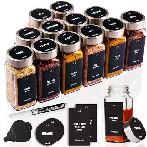 Deco haus® Set da 12 Contenitori per Spezie con Tappo a Vite - Kit per Condimenti con Etichette, Imbuto, Spazzola, Pennarello - Barattoli Portaspezie Piccoli in Vetro Trasparente da 120ml, 10,5x4,3 cm