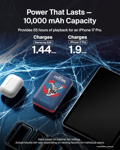 Image of Belkin Disney Spiderman Power Bank, BoostCharge Portable Charger with Integrated Cable 10K PD 20W - Fast Charge USB-C Power Delivery, Portable iPhone Charger for iPhone 17, iPad Pro, Galaxy S26