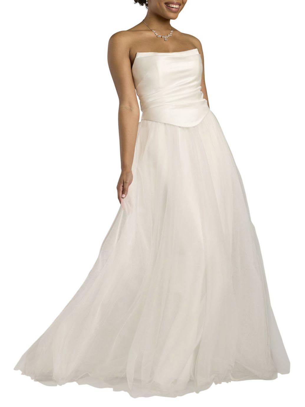 Photo 1 of David's Bridal Strapless Satin and Tulle Ball Gown Wedding Dress, Women's Size 10, Soft White